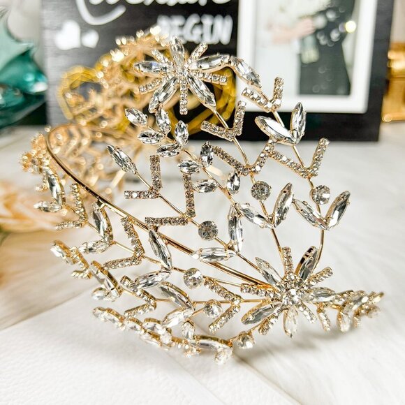 Crystal Bridal Headband, Crystal Bridal Hairpiece, Wedding Headband, Gold Crown